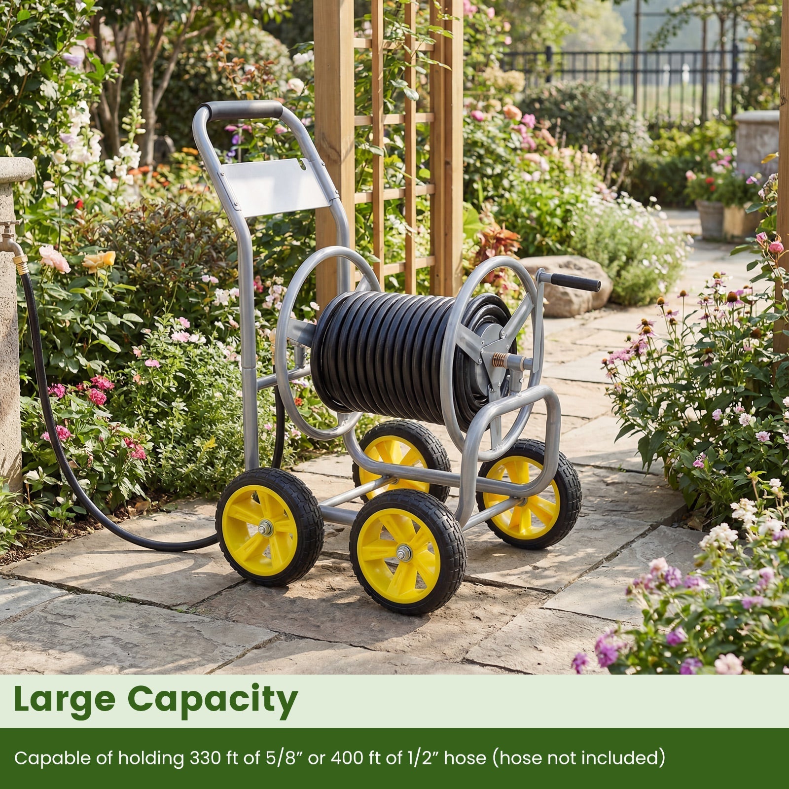 Garden Hose Reel Cart 4 Wheels Heavy-Duty Metal Water Hose Organizer Portable - Cheeky Garden
