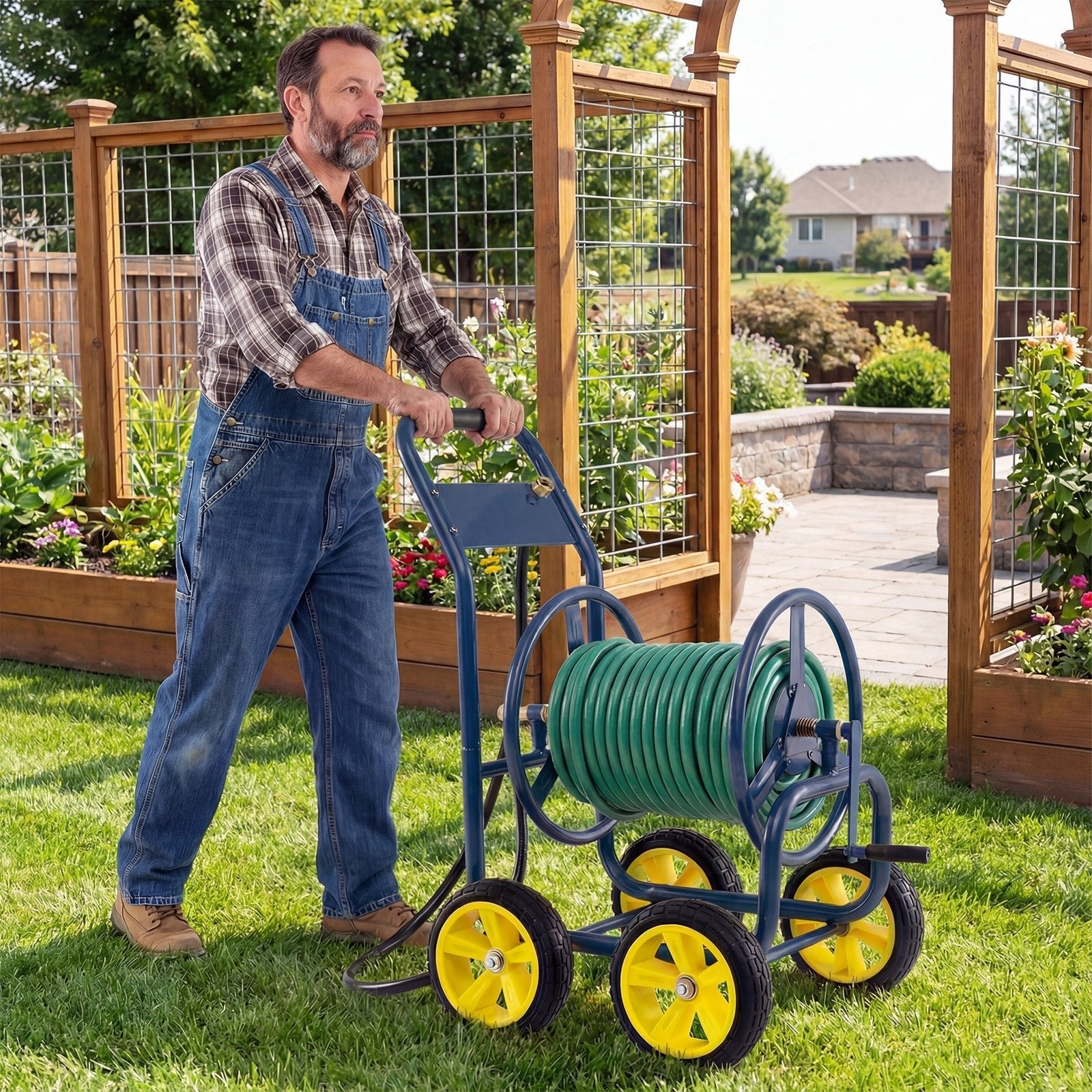 Garden Hose Reel Cart 4 Wheels Heavy-Duty Metal Water Hose Organizer Portable - Cheeky Garden