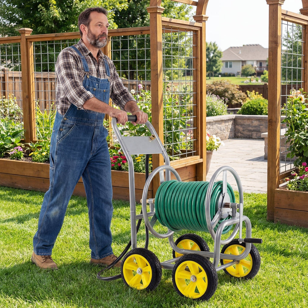 Garden Hose Reel Cart 4 Wheels Heavy-Duty Metal Water Hose Organizer Portable - Cheeky Garden