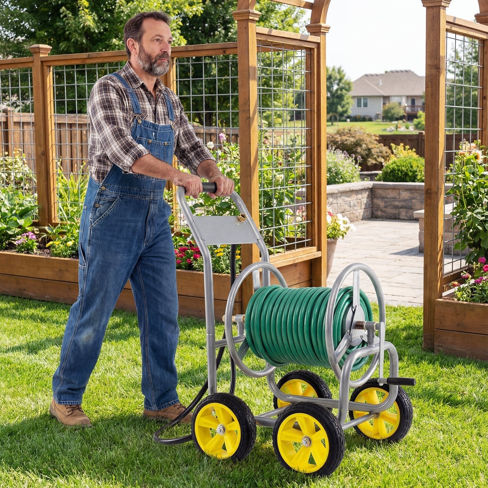 Garden Hose Reel Cart 4 Wheels Heavy-Duty Metal Water Hose Organizer Portable - Cheeky Garden