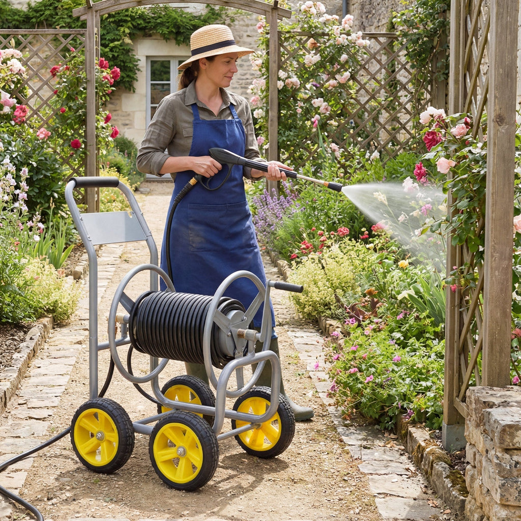 Garden Hose Reel Cart 4 Wheels Heavy-Duty Metal Water Hose Organizer Portable - Cheeky Garden
