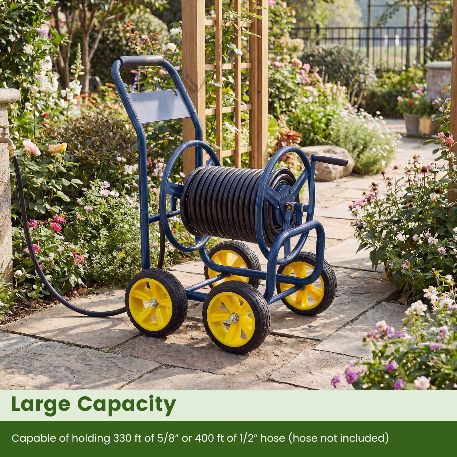 Garden Hose Reel Cart 4 Wheels Heavy-Duty Metal Water Hose Organizer Portable - Cheeky Garden
