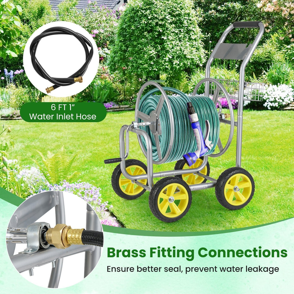 Garden Hose Reel Cart Metal Hose Cart with 4 Wheels and Storage Basket - Cheeky Garden