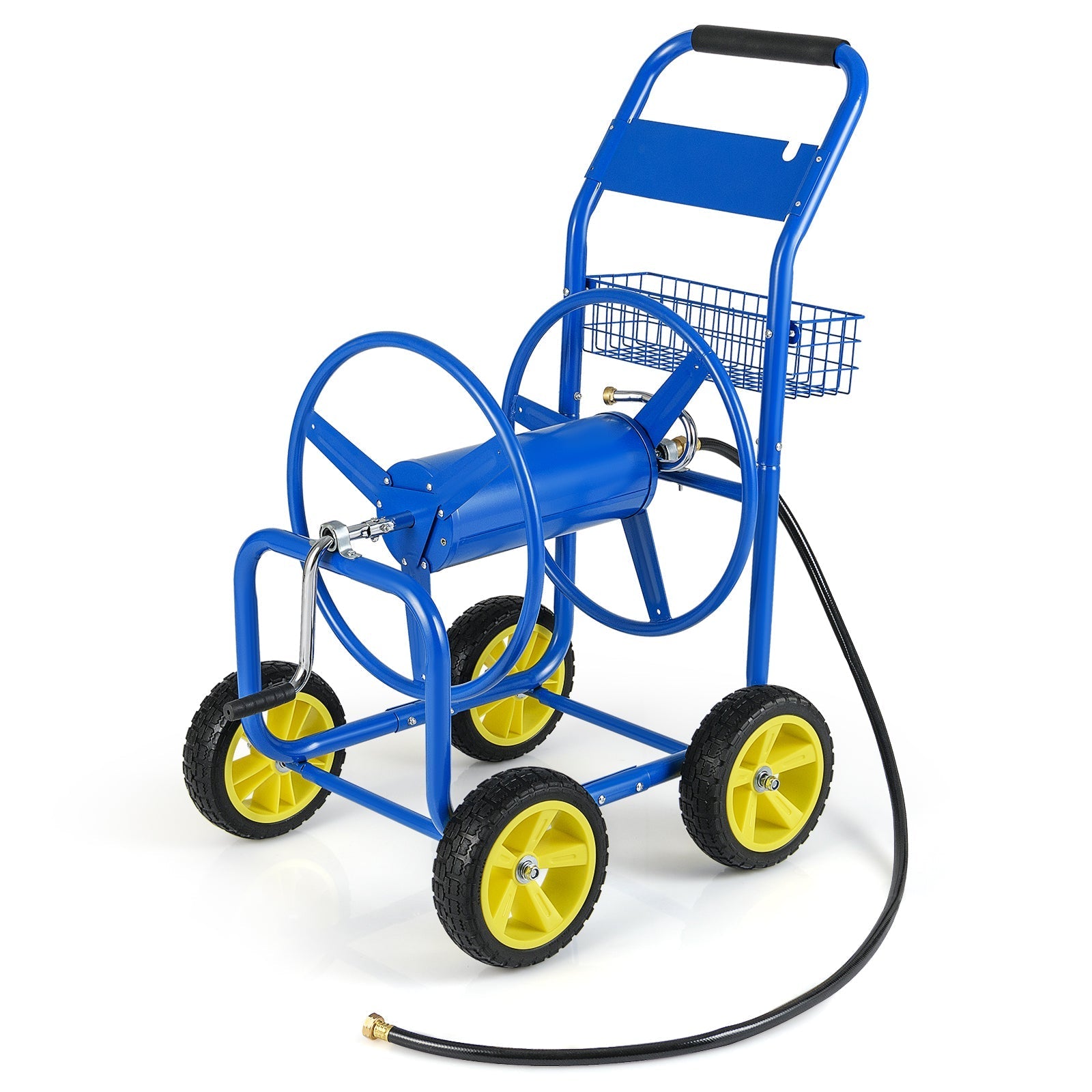 Garden Hose Reel Cart Metal Hose Cart with 4 Wheels and Storage Basket - Cheeky Garden