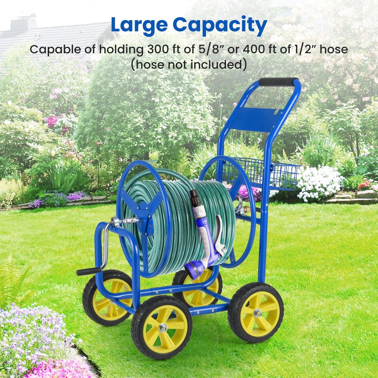 Garden Hose Reel Cart Metal Hose Cart with 4 Wheels and Storage Basket - Cheeky Garden
