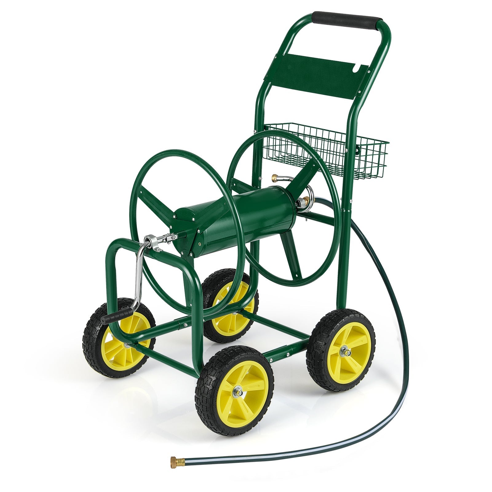 Garden Hose Reel Cart Metal Hose Cart with 4 Wheels and Storage Basket - Cheeky Garden