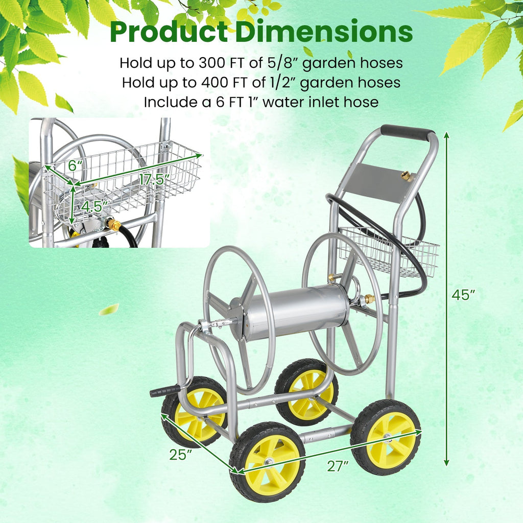 Garden Hose Reel Cart Metal Hose Cart with 4 Wheels and Storage Basket - Cheeky Garden