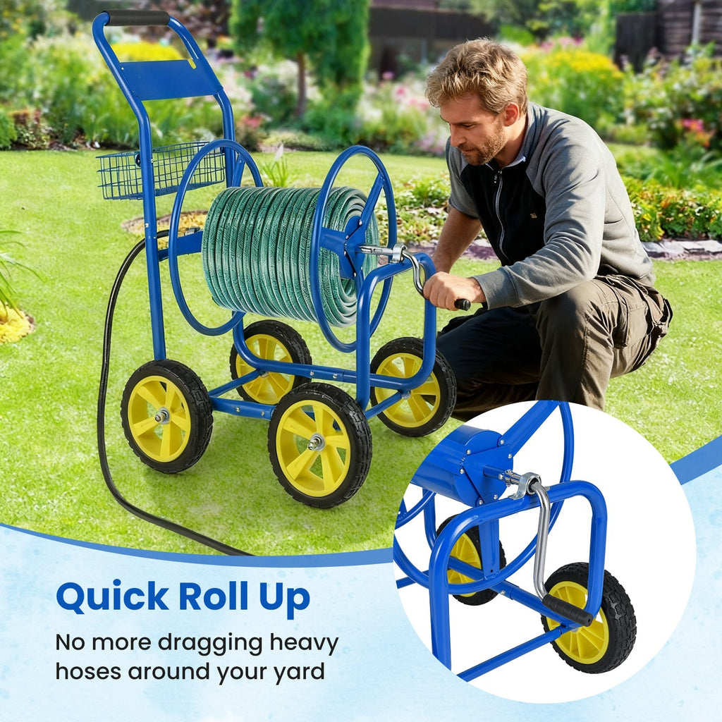 Garden Hose Reel Cart Metal Hose Cart with 4 Wheels and Storage Basket - Cheeky Garden