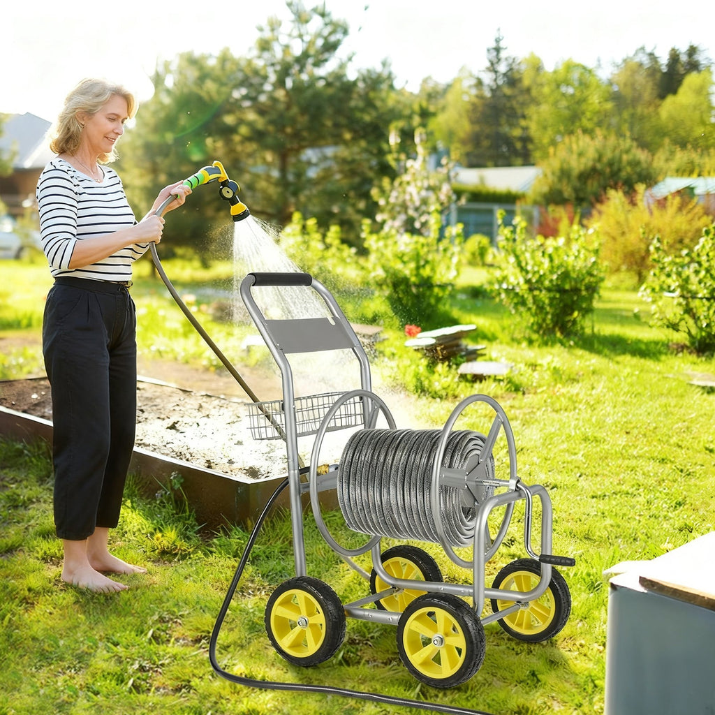 Garden Hose Reel Cart Metal Hose Cart with 4 Wheels and Storage Basket - Cheeky Garden