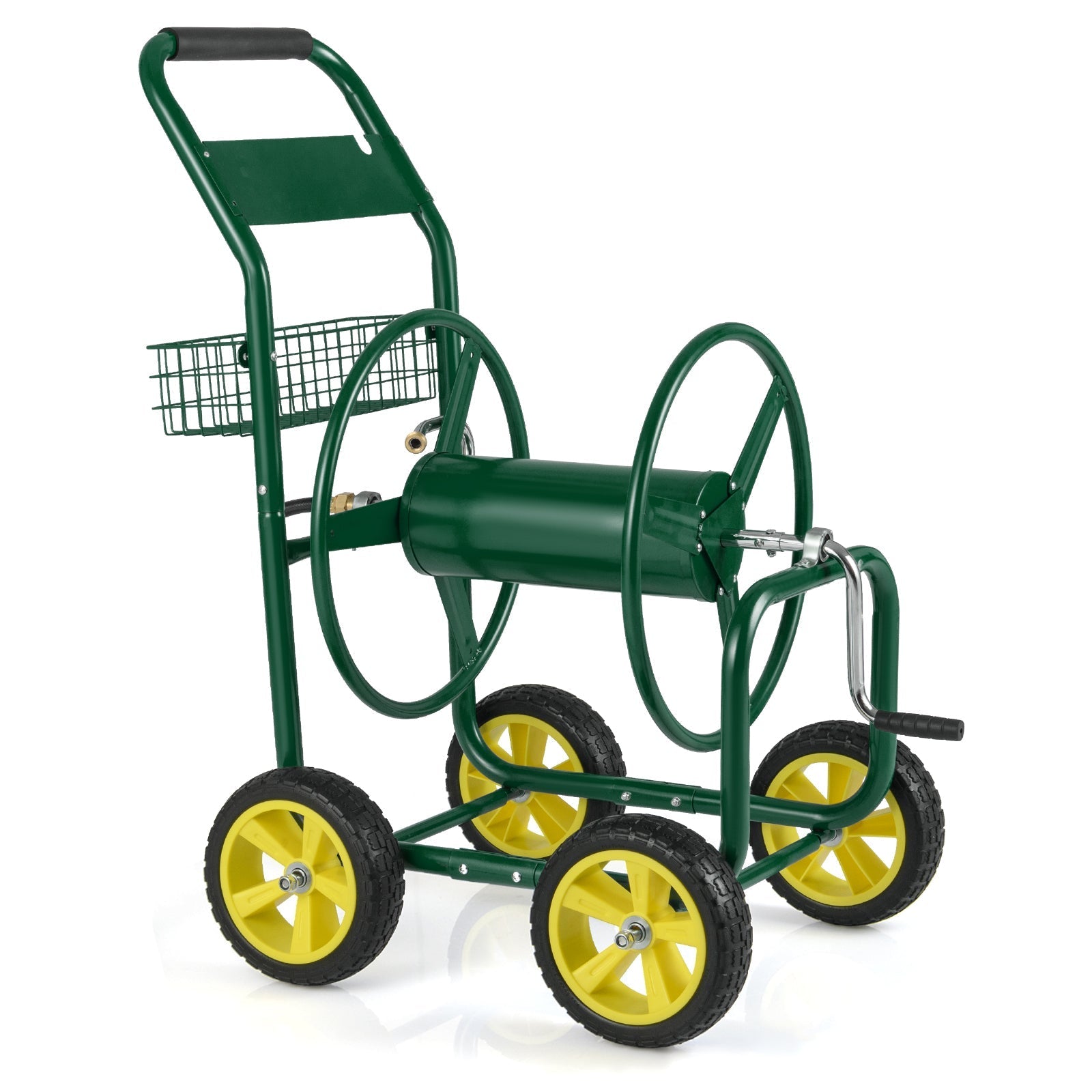 Garden Hose Reel Cart Metal Hose Cart with 4 Wheels and Storage Basket - Cheeky Garden