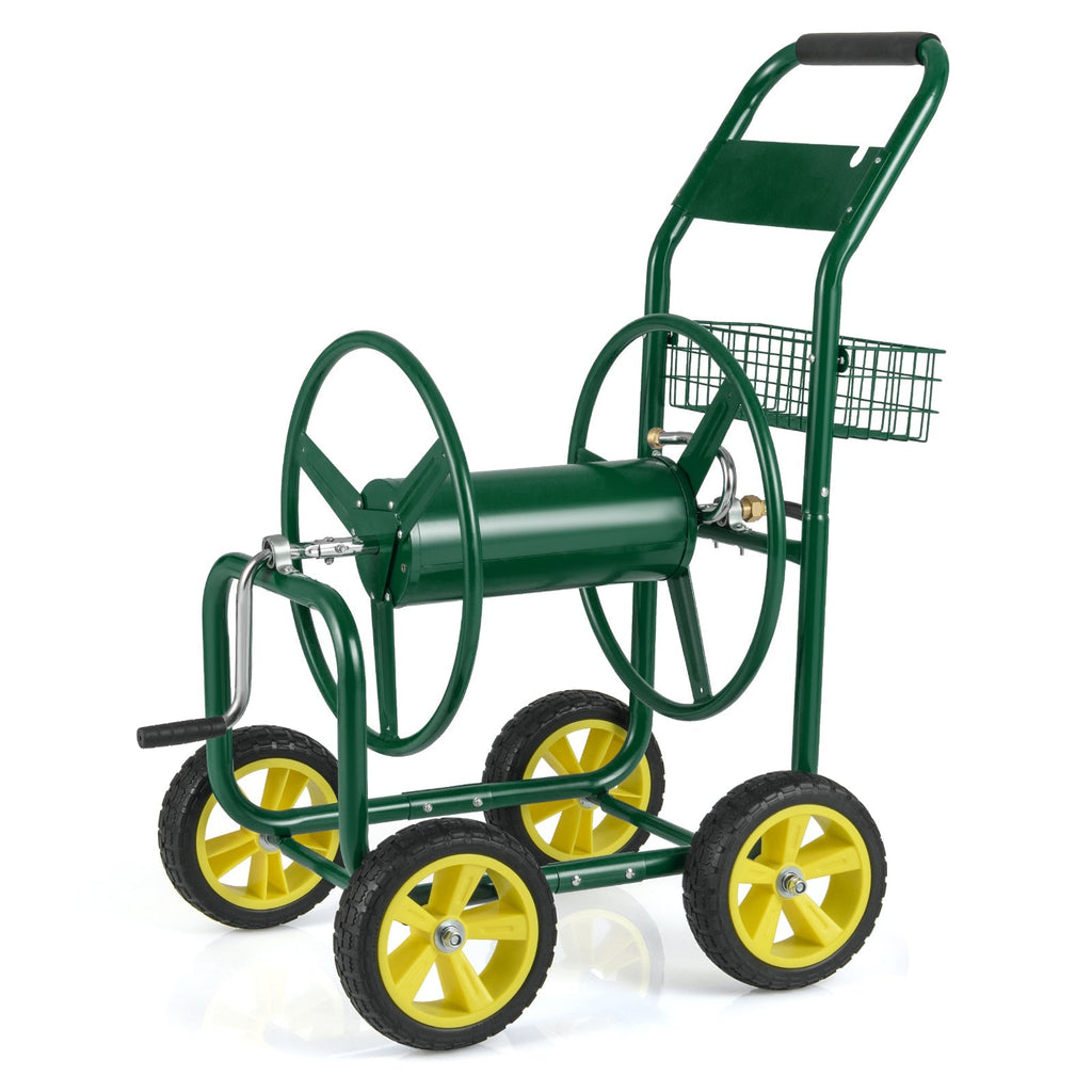 Garden Hose Reel Cart Metal Hose Cart with 4 Wheels and Storage Basket - Cheeky Garden