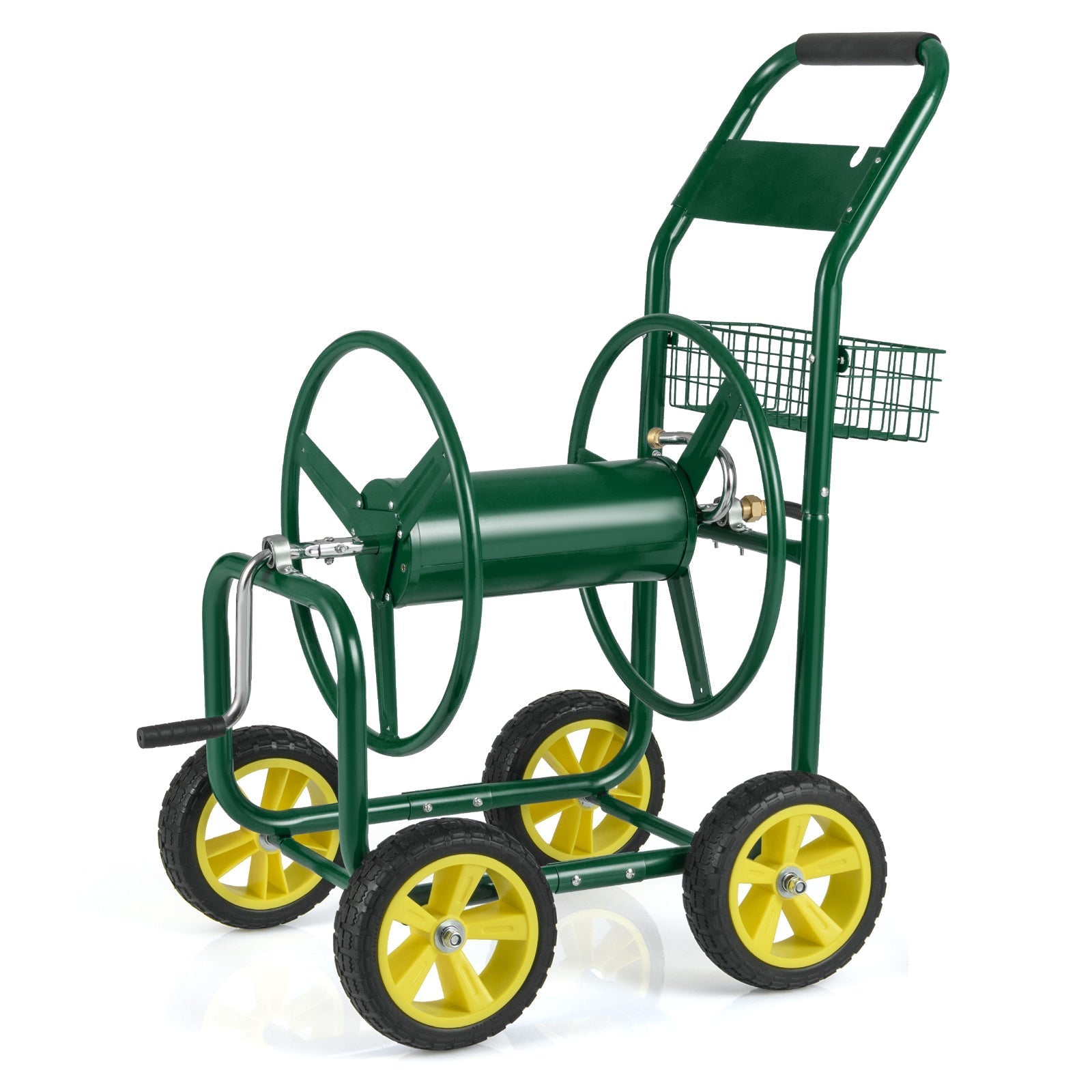 Garden Hose Reel Cart Metal Hose Cart with 4 Wheels and Storage Basket - Cheeky Garden