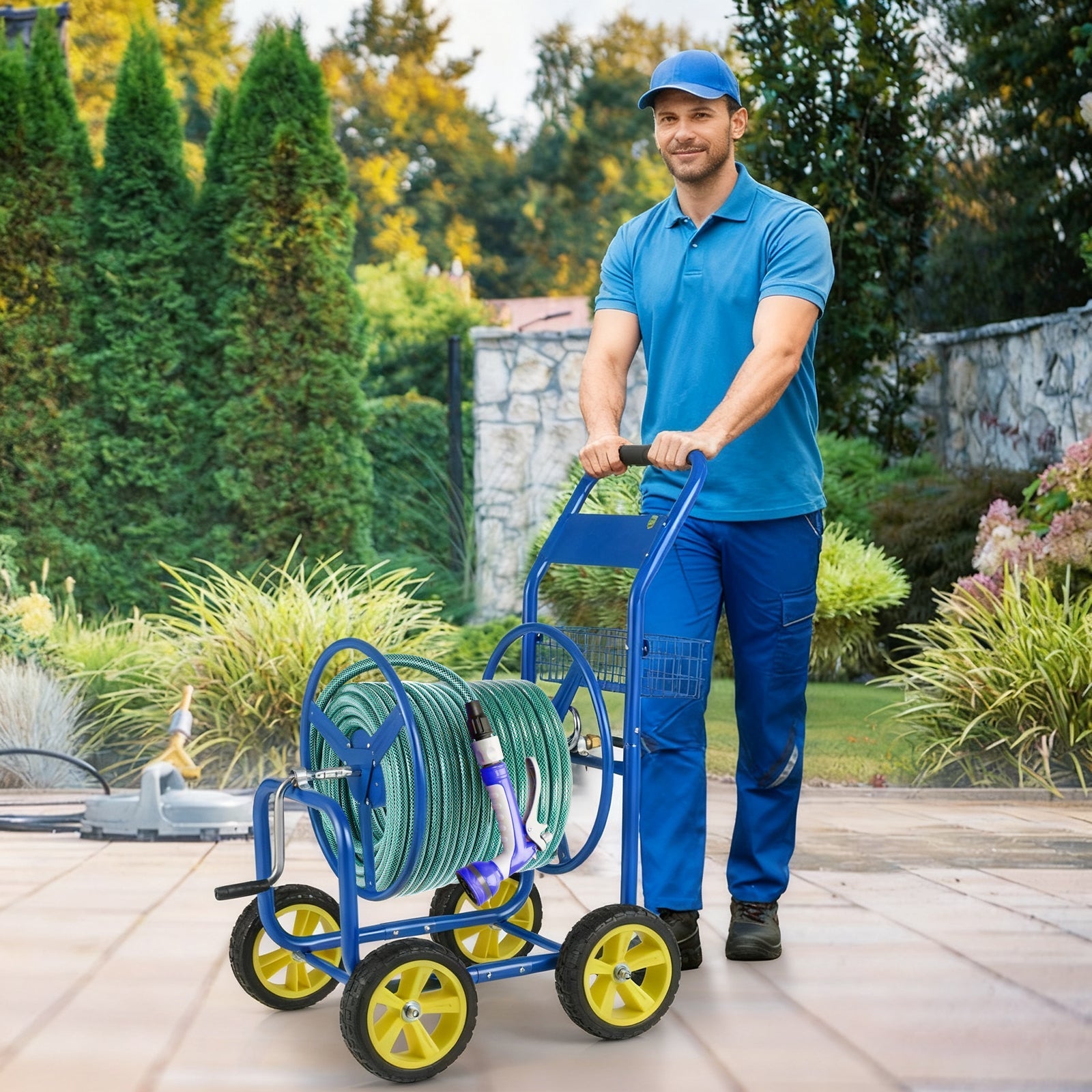 Garden Hose Reel Cart Metal Hose Cart with 4 Wheels and Storage Basket - Cheeky Garden