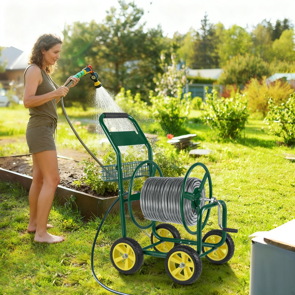 Garden Hose Reel Cart Metal Hose Cart with 4 Wheels and Storage Basket - Cheeky Garden