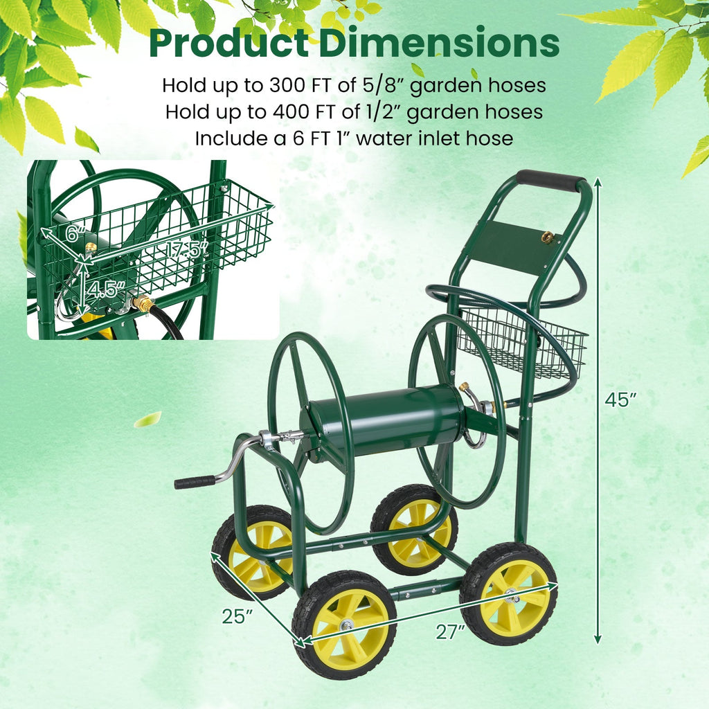 Garden Hose Reel Cart Metal Hose Cart with 4 Wheels and Storage Basket - Cheeky Garden