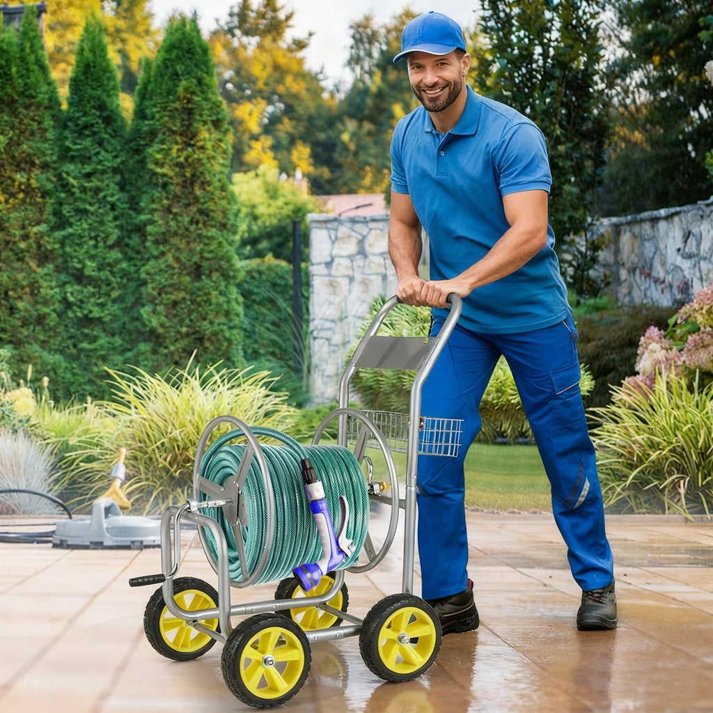 Garden Hose Reel Cart Metal Hose Cart with 4 Wheels and Storage Basket - Cheeky Garden