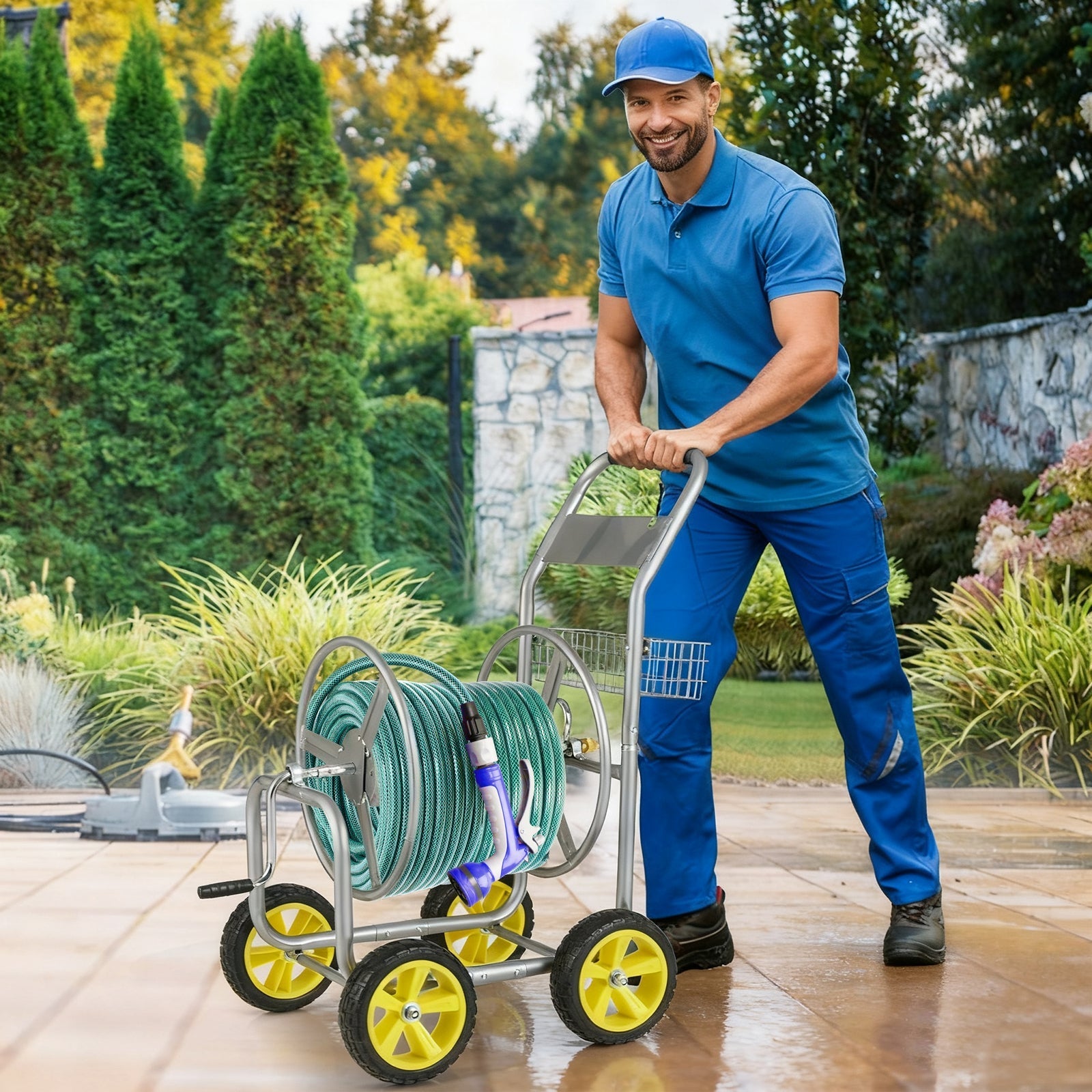 Garden Hose Reel Cart Metal Hose Cart with 4 Wheels and Storage Basket - Cheeky Garden