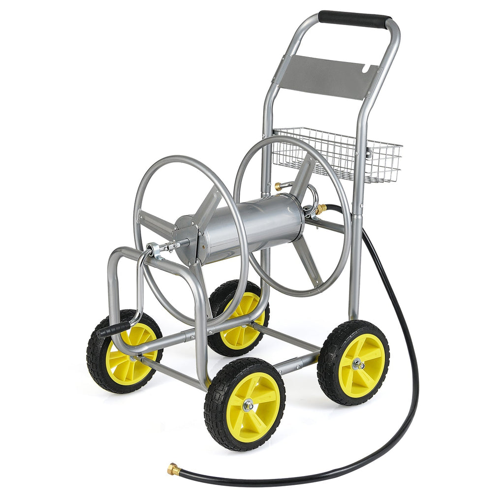 Garden Hose Reel Cart Metal Hose Cart with 4 Wheels and Storage Basket - Cheeky Garden