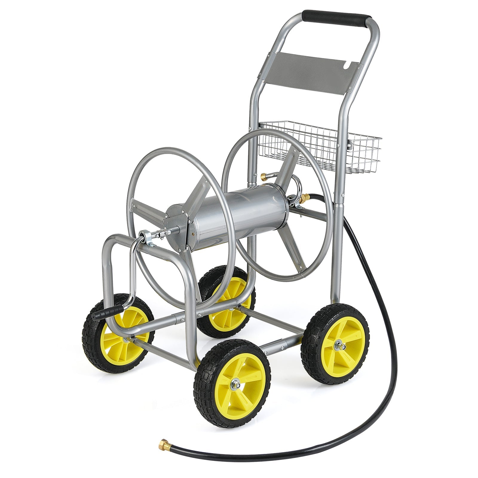 Garden Hose Reel Cart Metal Hose Cart with 4 Wheels and Storage Basket - Cheeky Garden