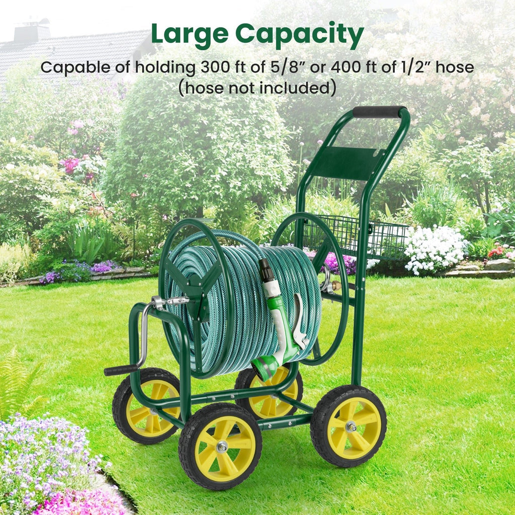 Garden Hose Reel Cart Metal Hose Cart with 4 Wheels and Storage Basket - Cheeky Garden