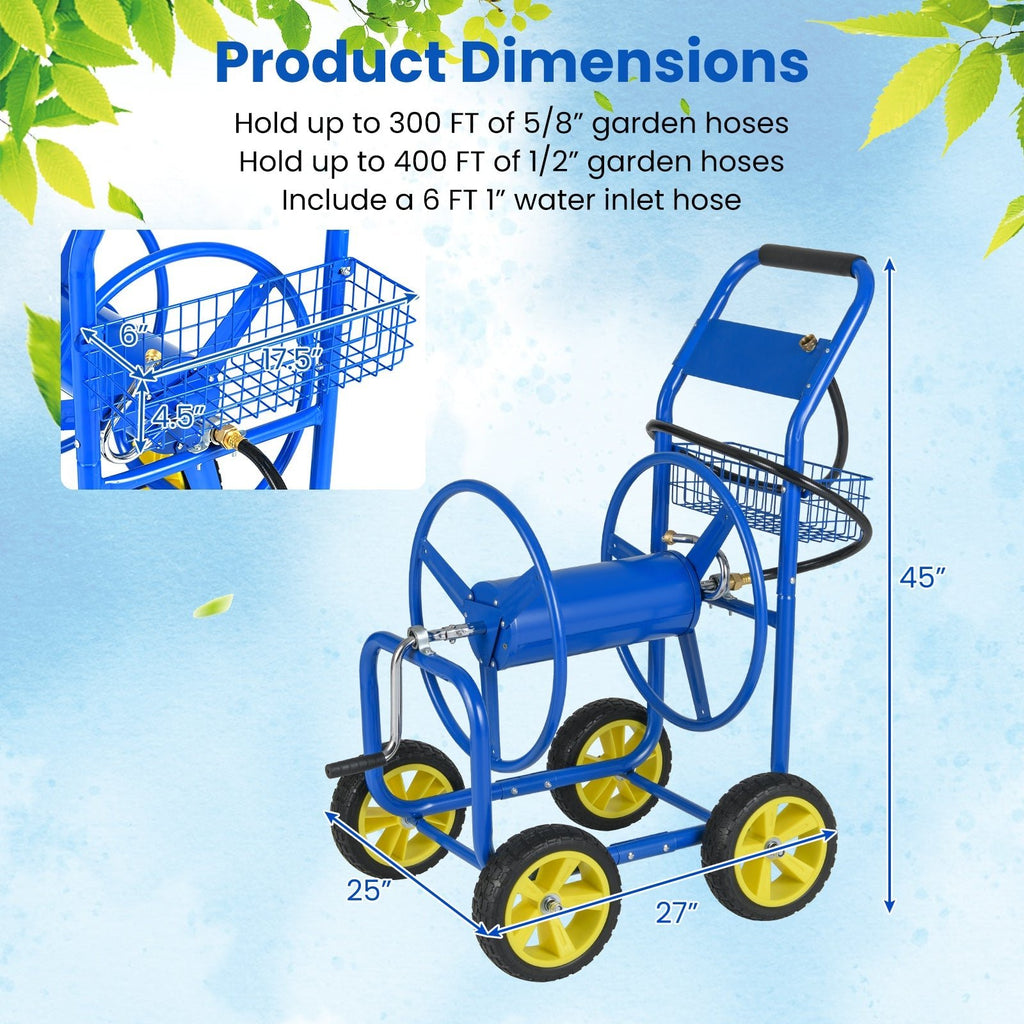Garden Hose Reel Cart Metal Hose Cart with 4 Wheels and Storage Basket - Cheeky Garden