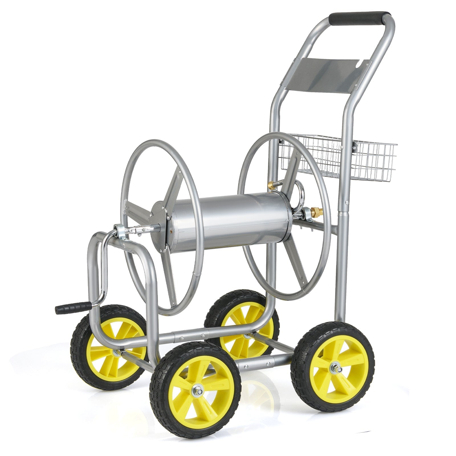 Garden Hose Reel Cart Metal Hose Cart with 4 Wheels and Storage Basket - Cheeky Garden