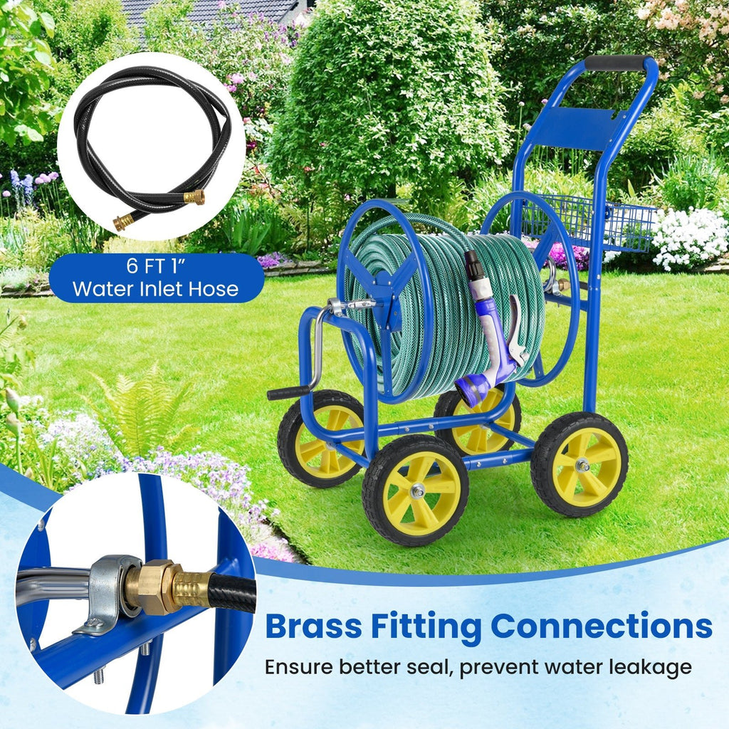 Garden Hose Reel Cart Metal Hose Cart with 4 Wheels and Storage Basket - Cheeky Garden
