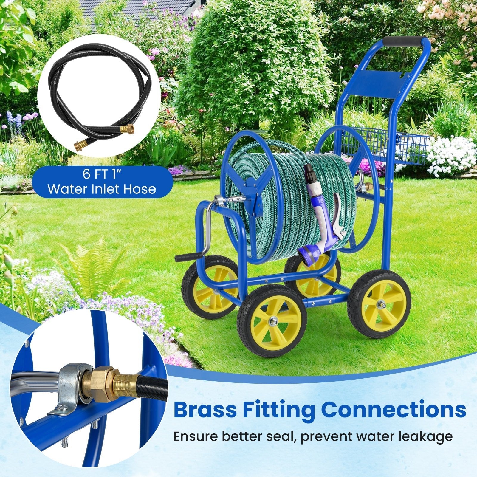 Garden Hose Reel Cart Metal Hose Cart with 4 Wheels and Storage Basket - Cheeky Garden