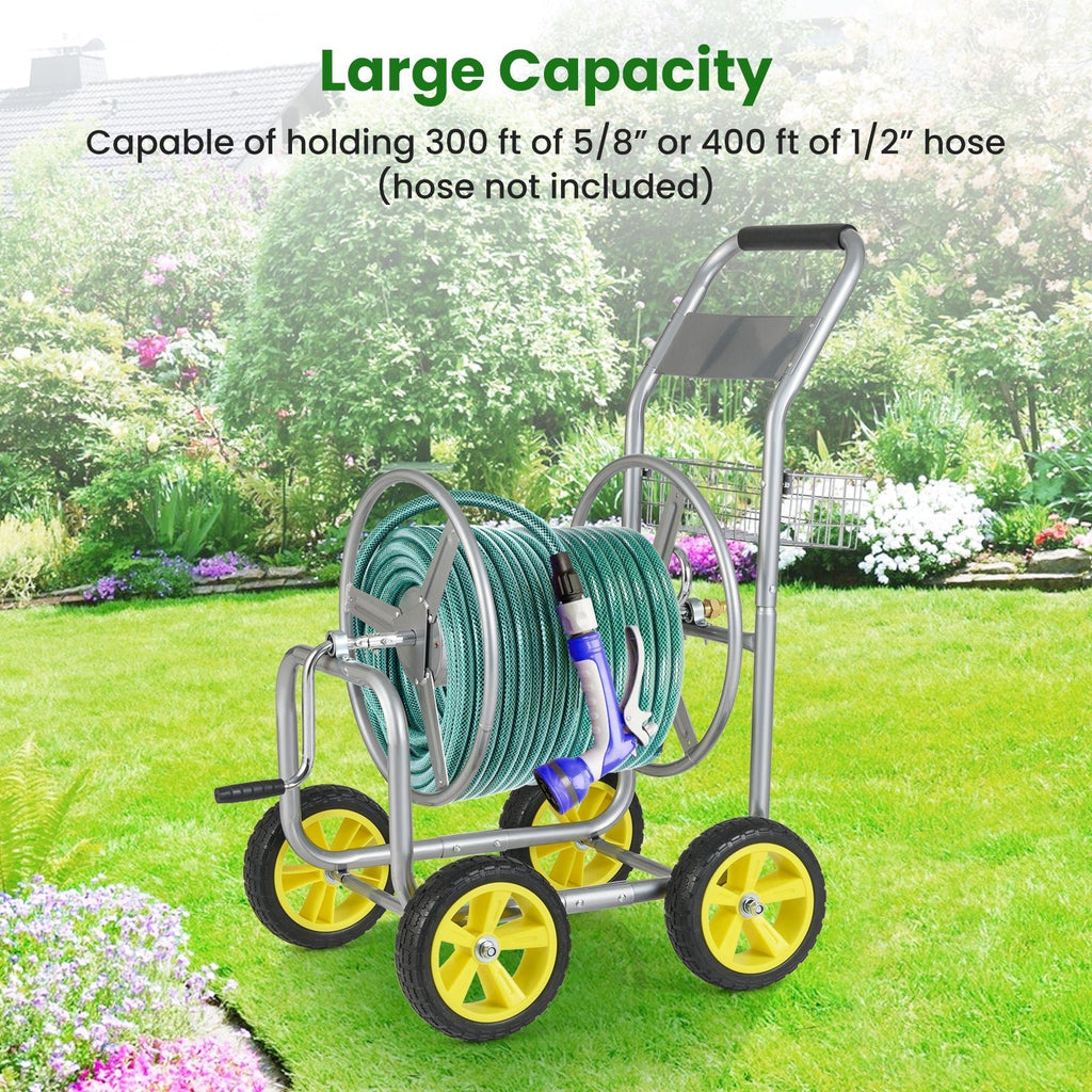 Garden Hose Reel Cart Metal Hose Cart with 4 Wheels and Storage Basket - Cheeky Garden