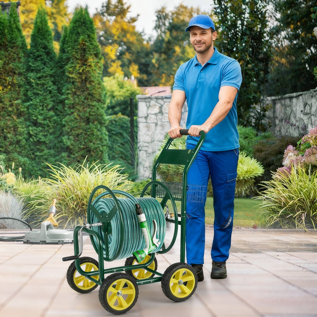 Garden Hose Reel Cart Metal Hose Cart with 4 Wheels and Storage Basket - Cheeky Garden