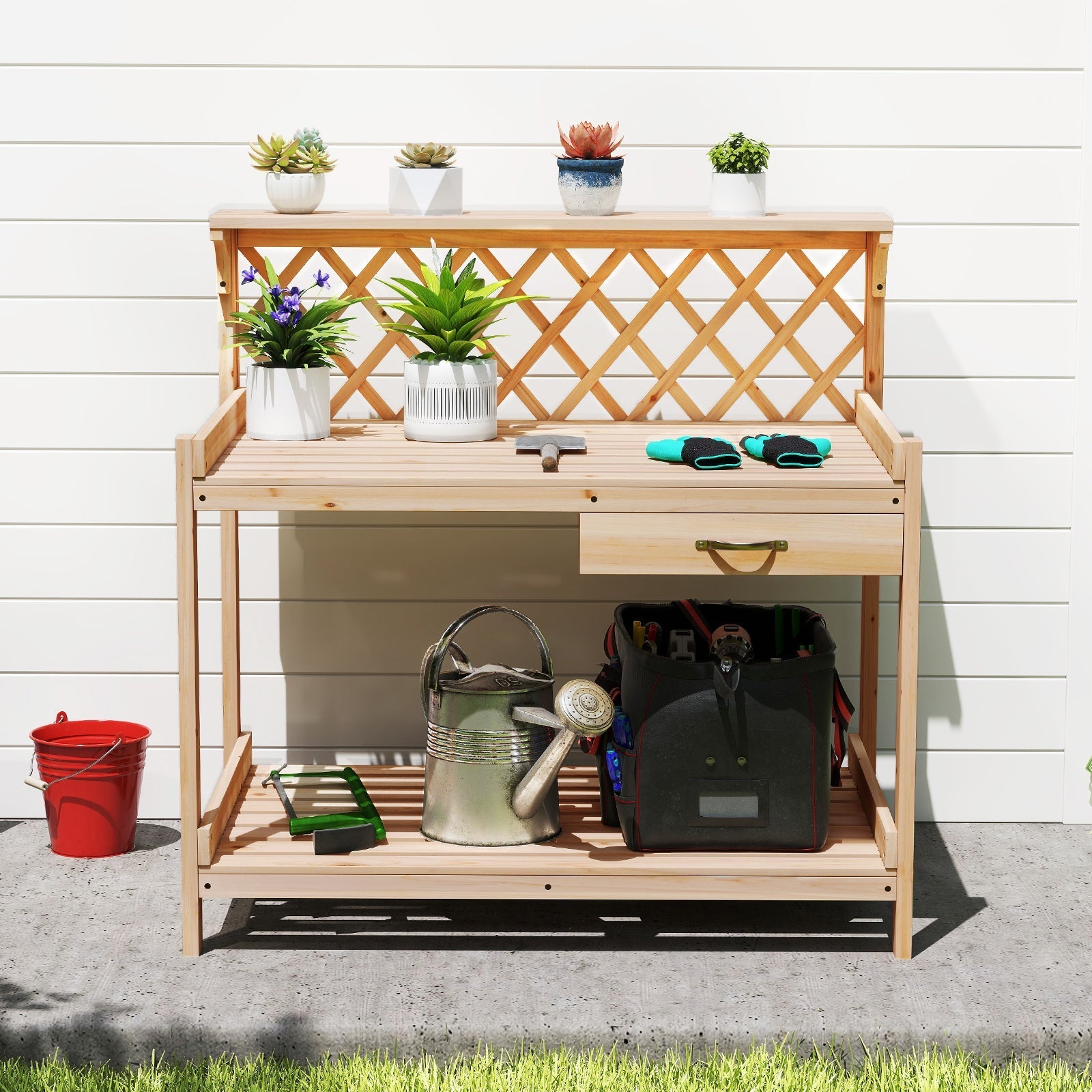 Garden Potting Bench Table Wooden Planting Workstation with Lattice Trellis - Cheeky Garden