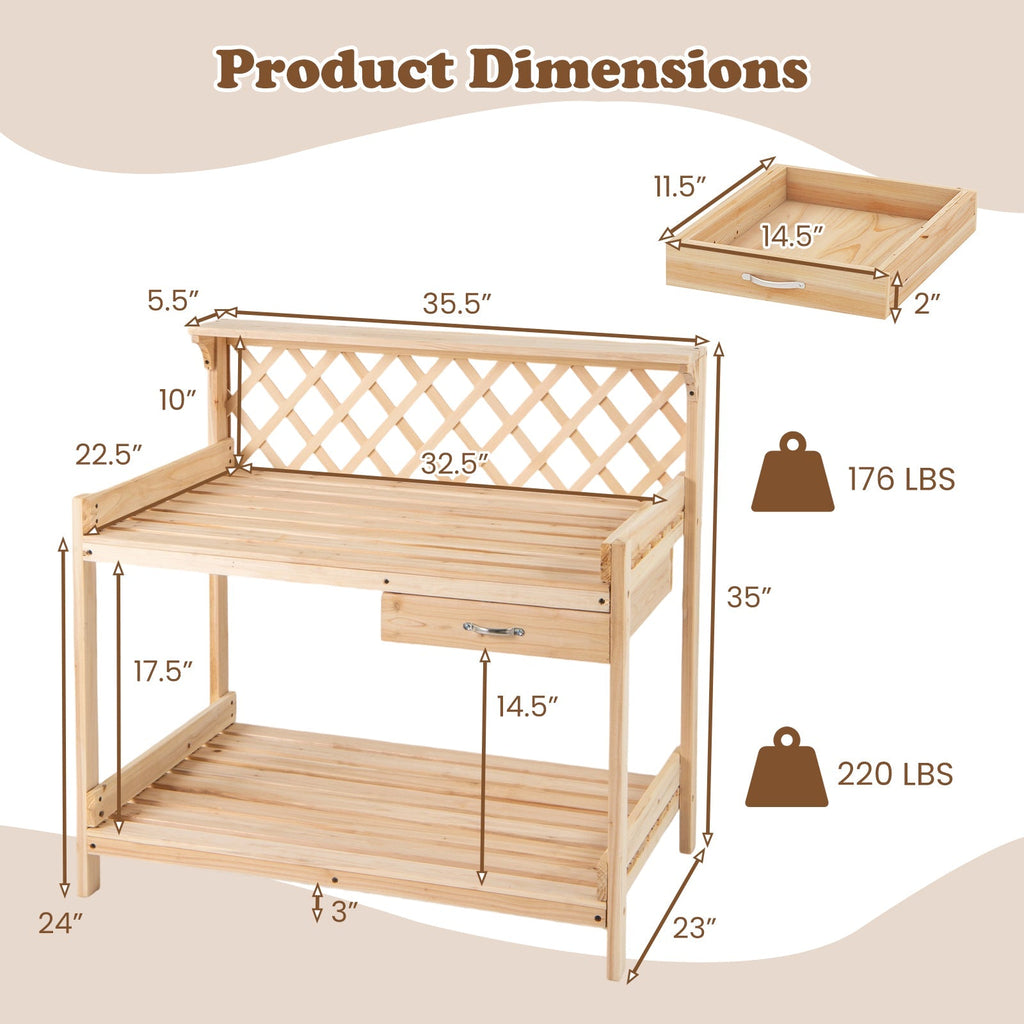 Garden Potting Bench Table Wooden Planting Workstation with Lattice Trellis - Cheeky Garden