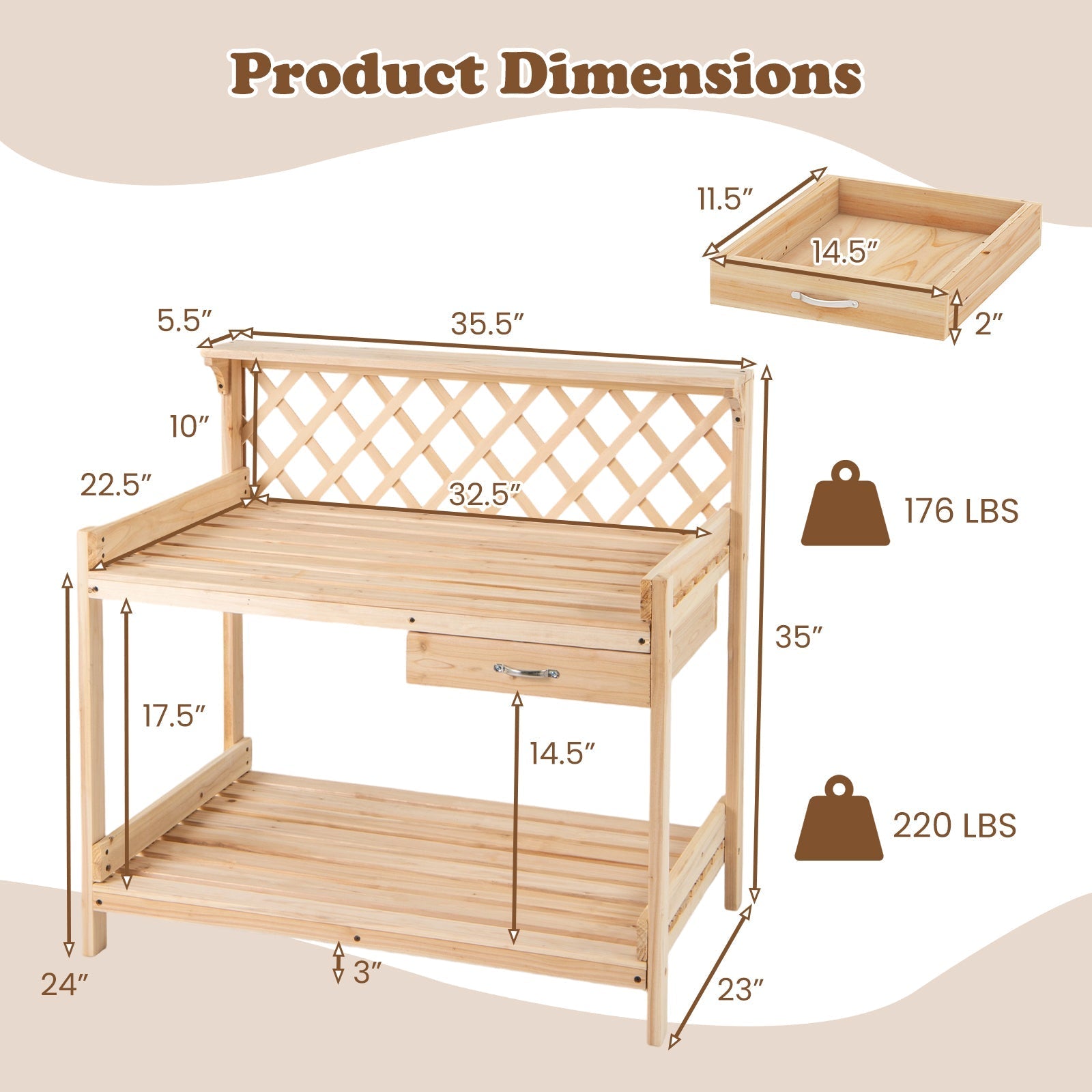 Garden Potting Bench Table Wooden Planting Workstation with Lattice Trellis - Cheeky Garden