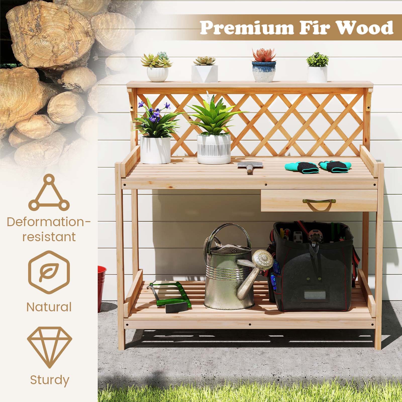 Garden Potting Bench Table Wooden Planting Workstation with Lattice Trellis - Cheeky Garden