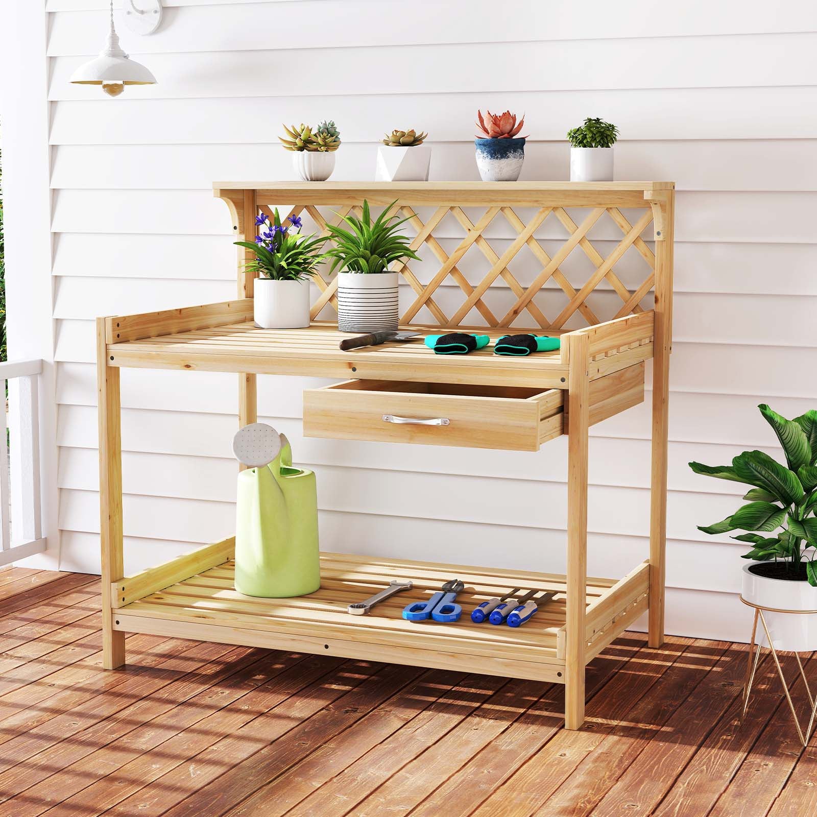 Garden Potting Bench Table Wooden Planting Workstation with Lattice Trellis - Cheeky Garden