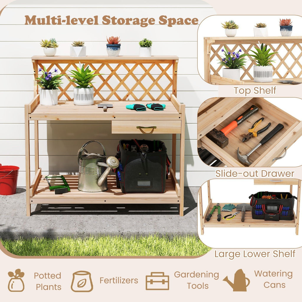 Garden Potting Bench Table Wooden Planting Workstation with Lattice Trellis - Cheeky Garden