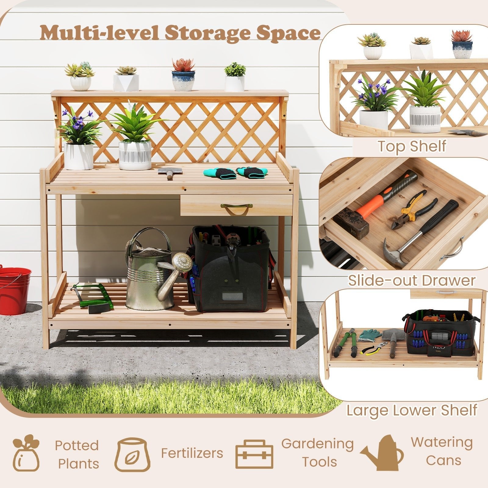 Garden Potting Bench Table Wooden Planting Workstation with Lattice Trellis - Cheeky Garden