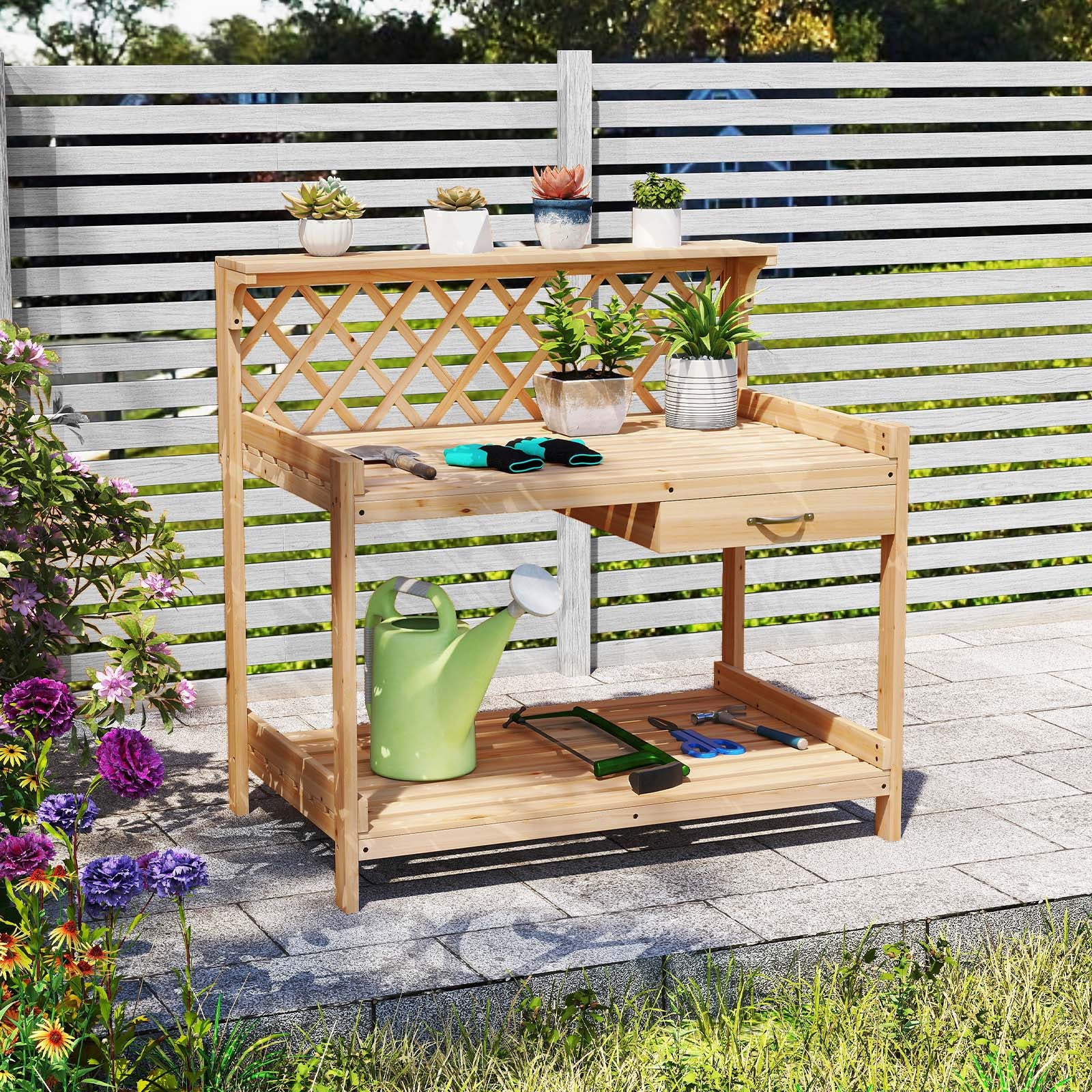 Garden Potting Bench Table Wooden Planting Workstation with Lattice Trellis - Cheeky Garden