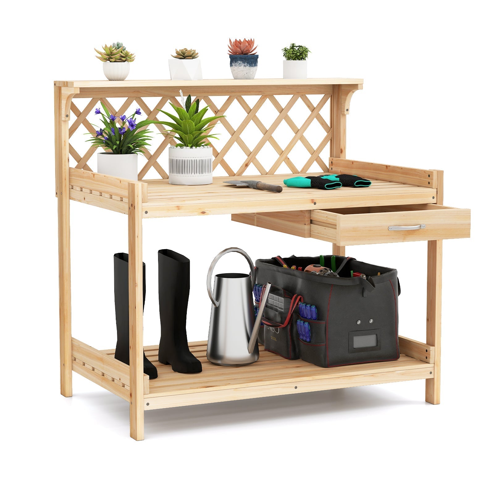 Garden Potting Bench Table Wooden Planting Workstation with Lattice Trellis - Cheeky Garden