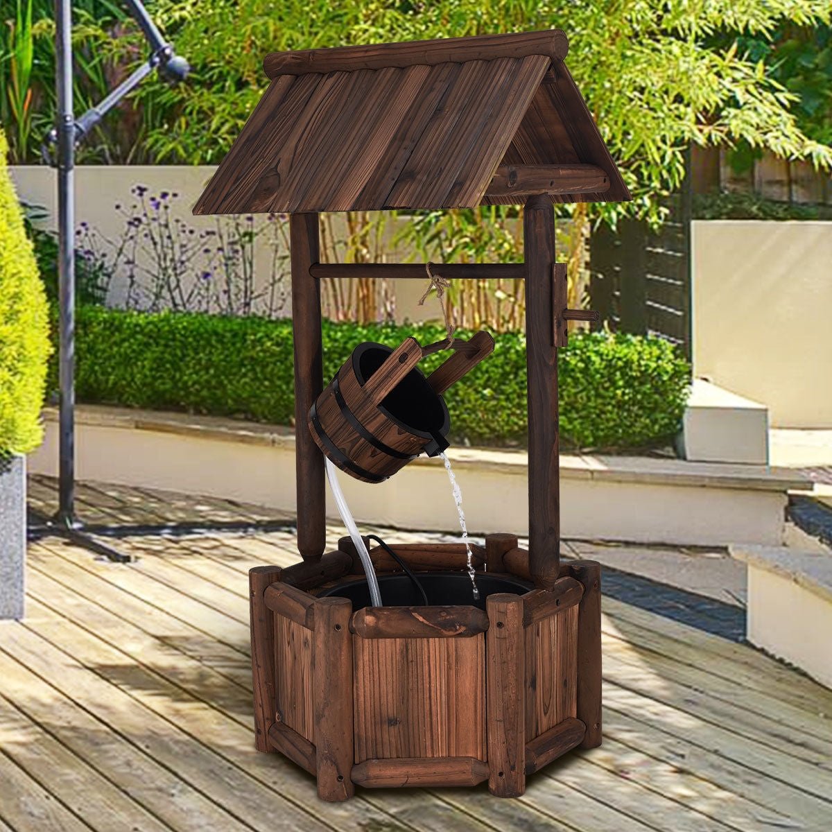 Garden Rustic Wishing Well Wooden Water Fountain with Pump - Cheeky Garden