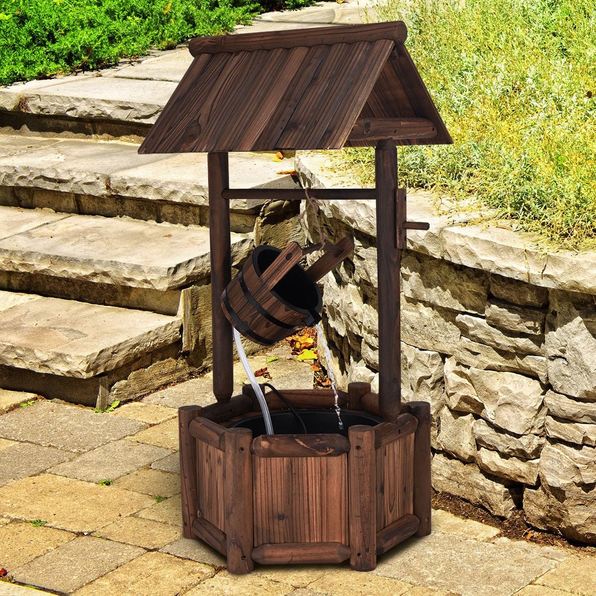 Garden Rustic Wishing Well Wooden Water Fountain with Pump - Cheeky Garden