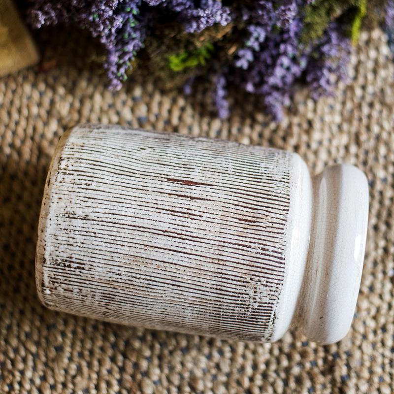 Glazed Ceramic Abstract Brown Stripe White Vase - Cheeky Garden