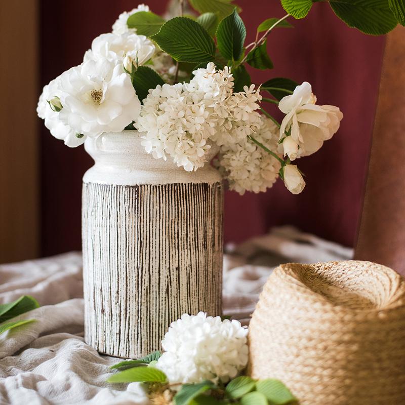 Glazed Ceramic Abstract Brown Stripe White Vase - Cheeky Garden