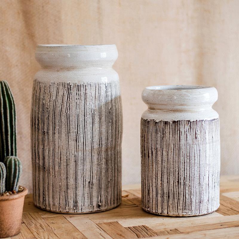 Glazed Ceramic Abstract Brown Stripe White Vase - Cheeky Garden