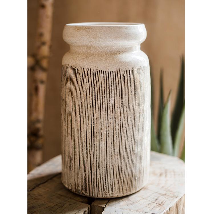 Glazed Ceramic Abstract Brown Stripe White Vase - Cheeky Garden