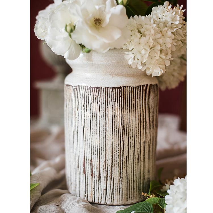 Glazed Ceramic Abstract Brown Stripe White Vase - Cheeky Garden