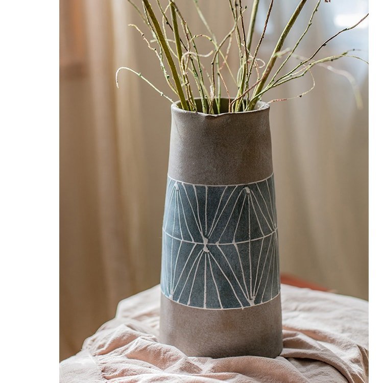 Gray Blue Handpainted Terracotta Table Vase - Cheeky Garden