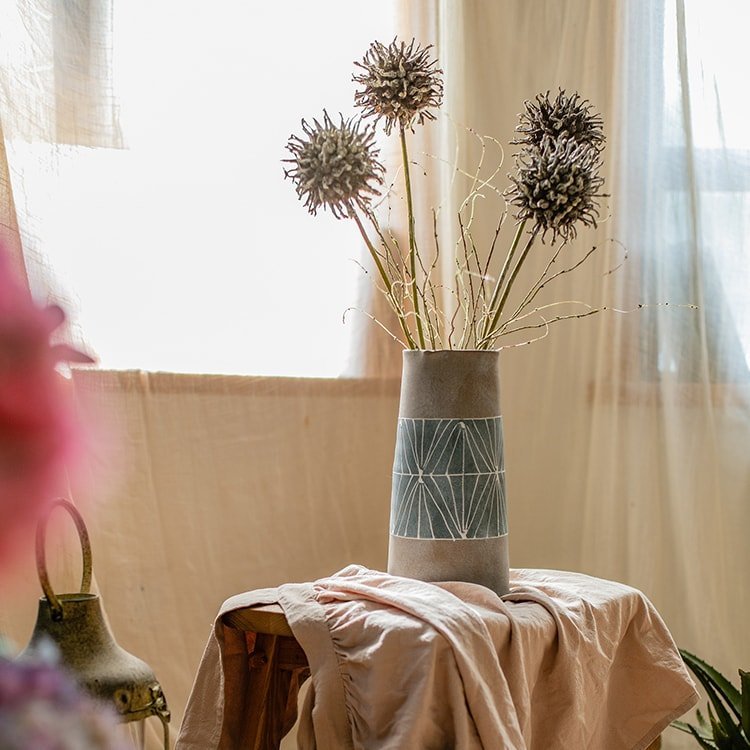 Gray Blue Handpainted Terracotta Table Vase - Cheeky Garden