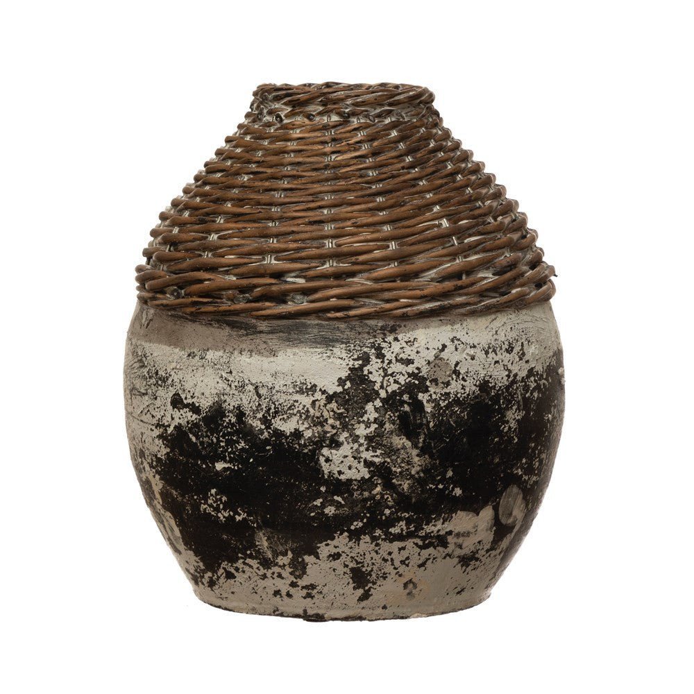 Hand-Woven Rattan & Clay Vase, Distressed - Cheeky Garden