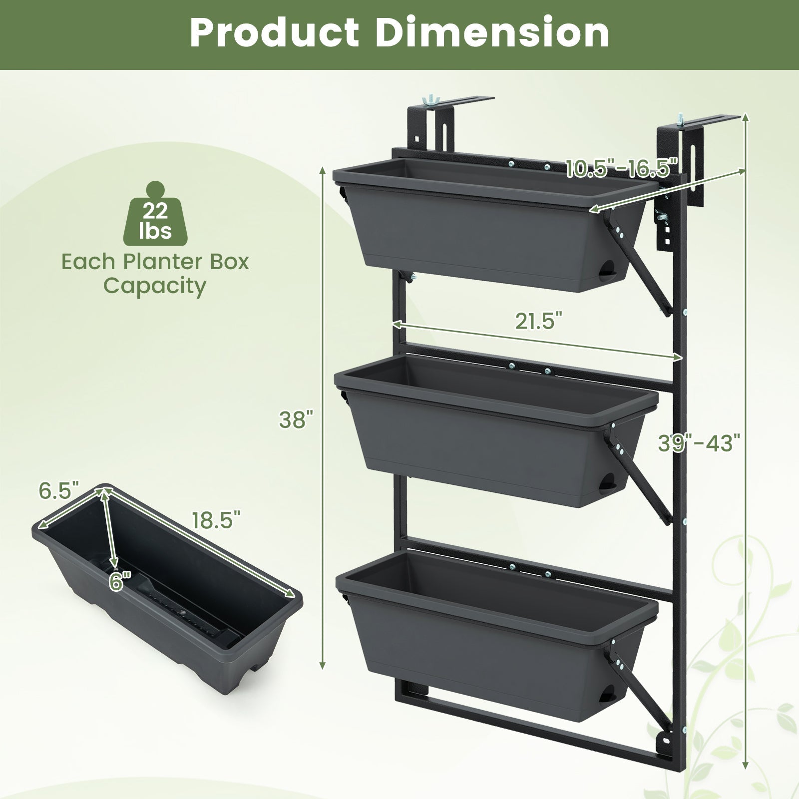 Hanging Vertical Planter Wall-mounted Adjustable with Detachable Hooks-Black - Cheeky Garden
